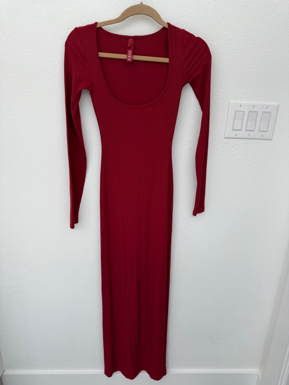 SKIMS Wine Red Long-Sleeve Scoop Neck Ribbed Maxi Dress